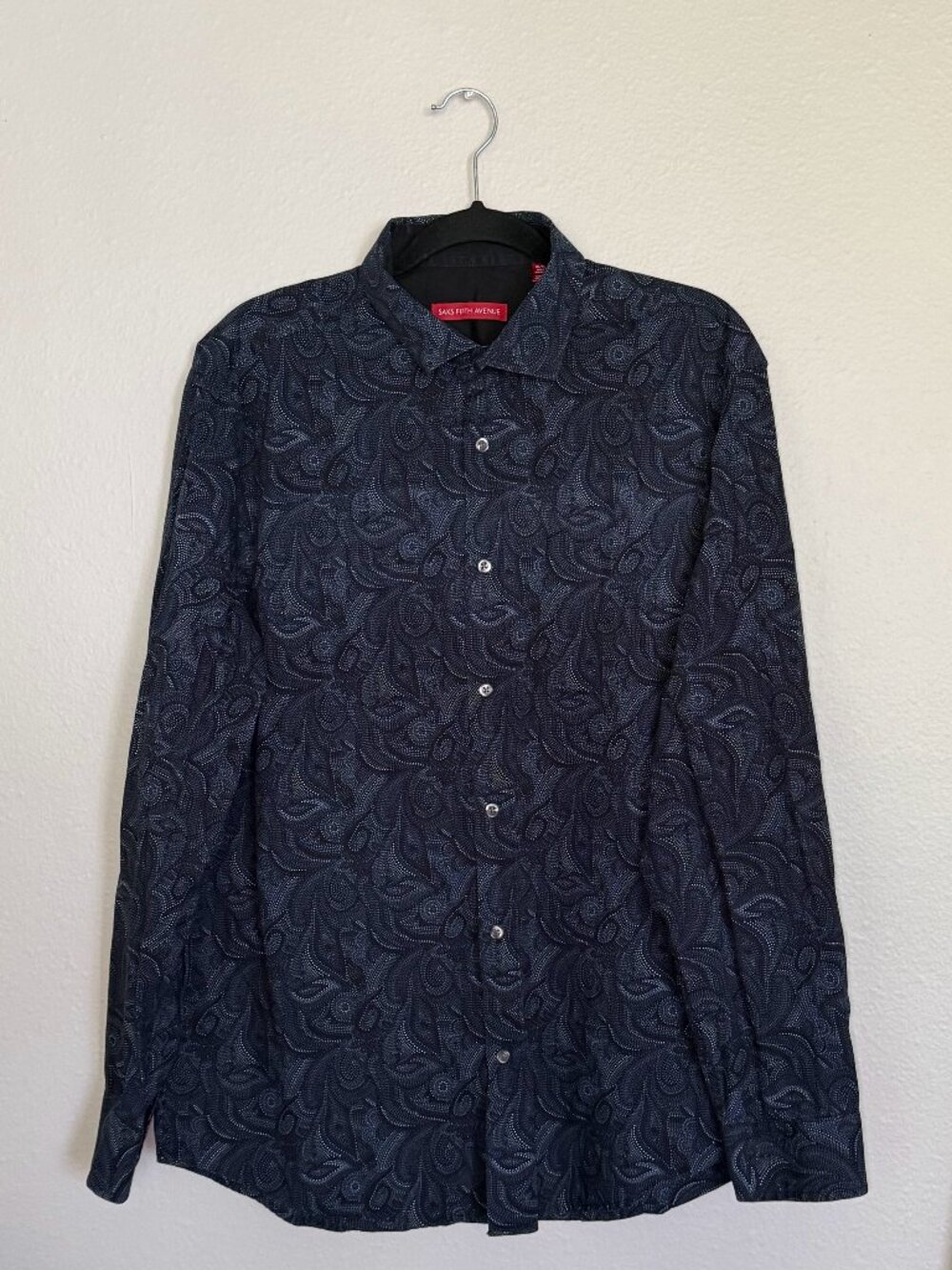 Saks Fifth Avenue Luxury Dress Shirt Mens XL Blue White Dotted Paisley Cotton LS